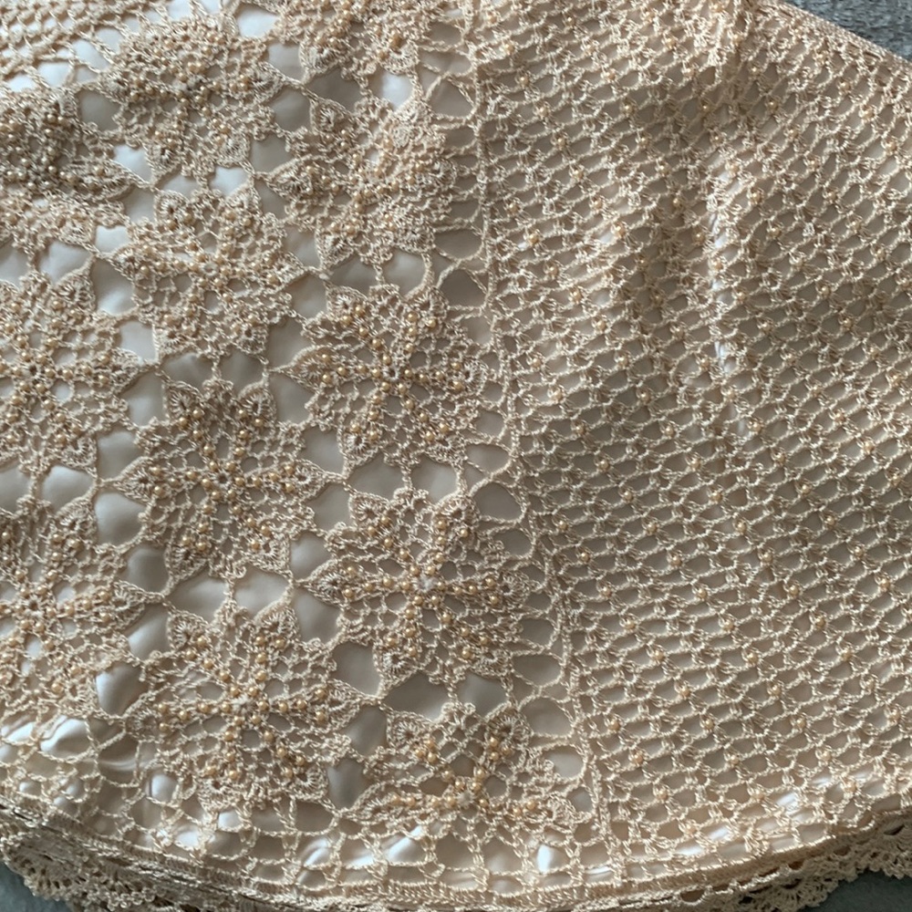 Victorian style crocheted,  cream pearled Christmas tree skirt, like new